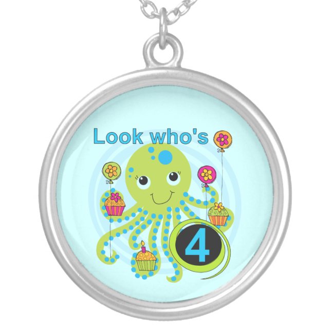 Octopus 4th Birthday T shirts and Gifts Silver Plated Necklace (Front)
