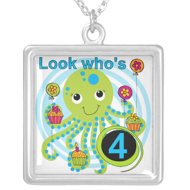 Octopus 4th Birthday T shirts and Gifts Silver Plated Necklace (Front)