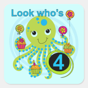 Octopus 4th Birthday T shirts and Gifts Square Sticker