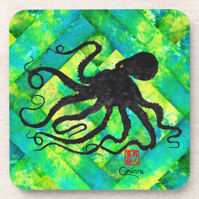 Octopus 6 On Blue/Green - Hard Plastic Coasters (Front)
