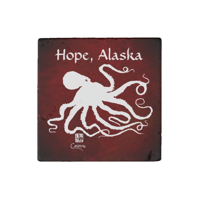 Octopus 6 White On Red, Hope - Marble Magnet (Front)