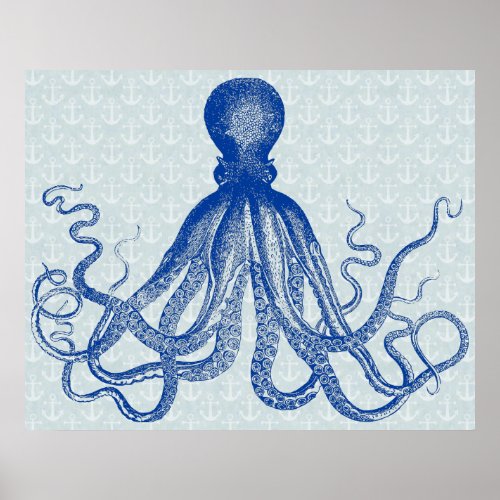 Octopus Anchors Lord Bodner Vintage Nautical Blue Poster