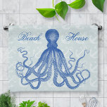 Octopus Anchors Vintage Blue Personalized Beach Kitchen Towel<br><div class="desc">This beautiful antique octopus drawing* from the 19th Century has been recolored blue and placed on a pretty gray-blue distressed / grunge background with a faint anchor pattern. The result is an original collage design to match your nautical and beach theme decor. The Victorian octopus has plenty of waving tentacles....</div>