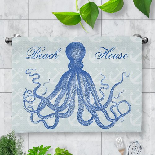 Octopus Anchors Vintage Blue Personalized Beach Kitchen Towel