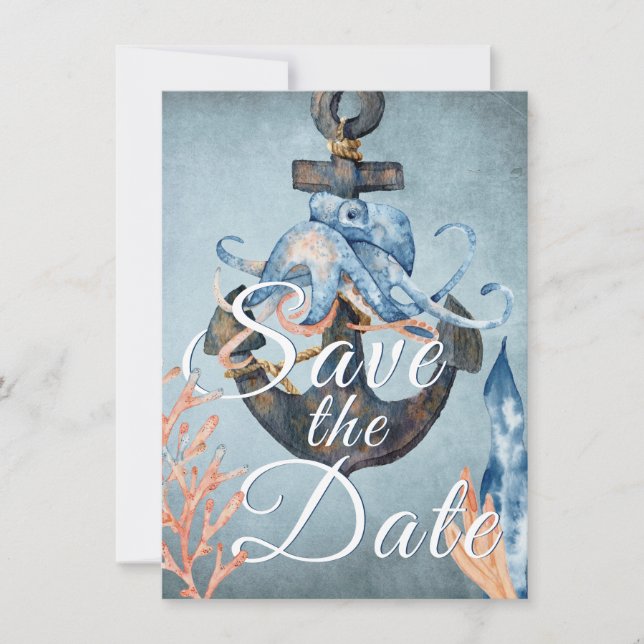 Octopus and Anchor Nautical Beach Wedding Save The Date (Front)