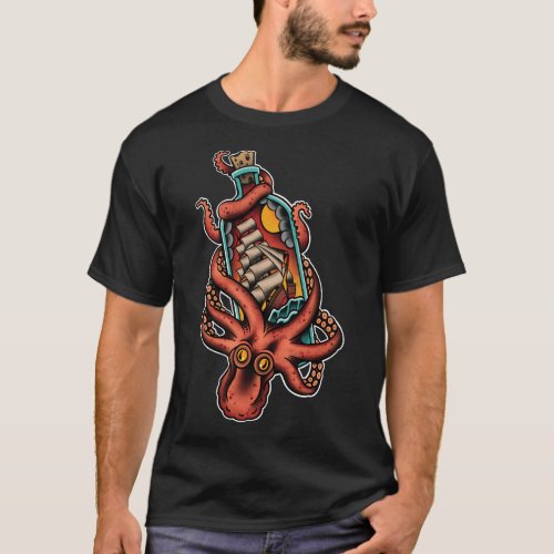 Octopus And Clipper Ship In Bottle Old School Sail T_Shirt
