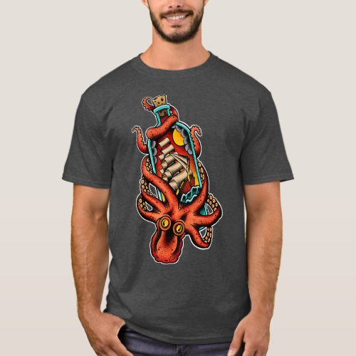 Octopus and Clipper Ship in Bottle Old School Sail T_Shirt
