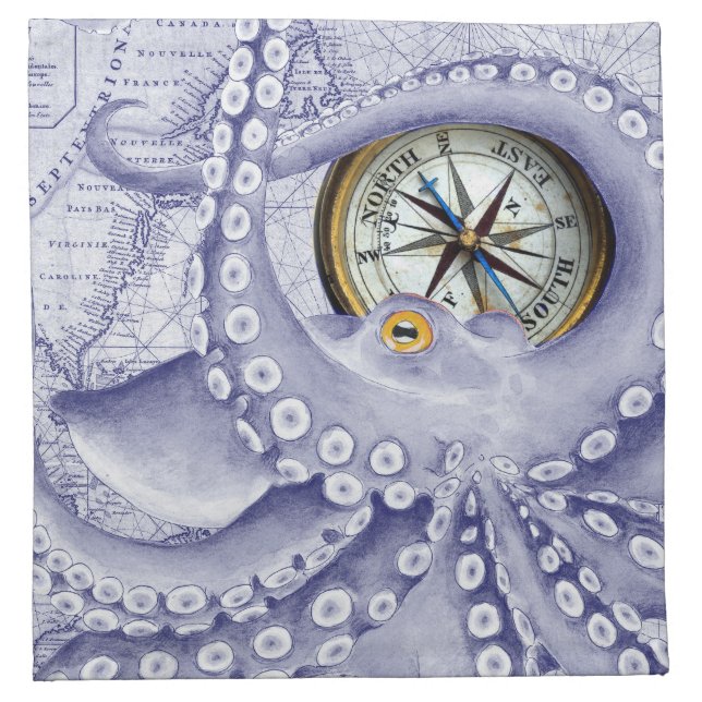 Octopus And Compass Purple Cloth Napkin (Front)