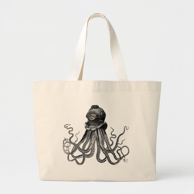 Octopus and Diving Helmet Large Tote Bag (Front)