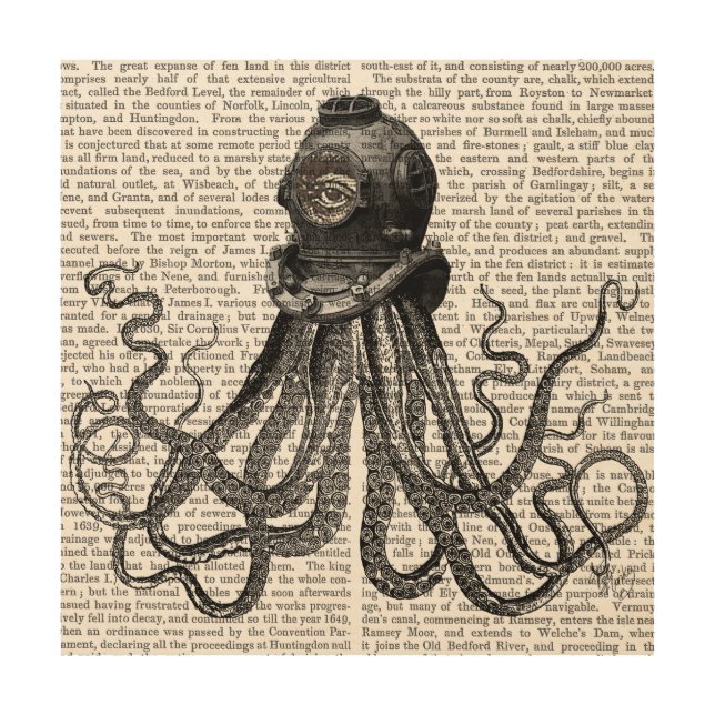 Octopus and Diving Helmet Wood Wall Art (Front)