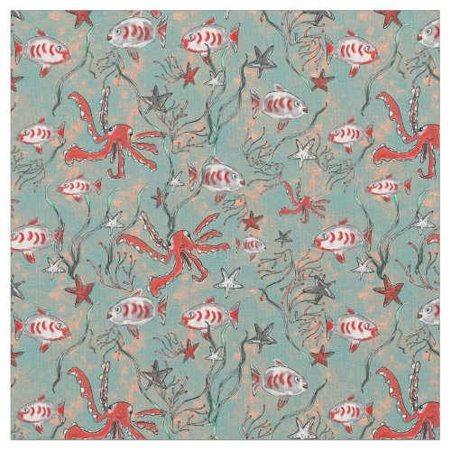 Octopus and Fish Fabric in Coral and Blue