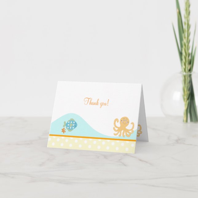 Octopus and Fish Folded Thank you note (Orange) Card (Front)