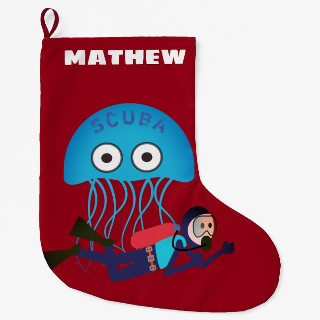 OCTOPUS AND SCUBA DIVER, PERSONAL DIVERS LARGE CHRISTMAS STOCKING (Front)