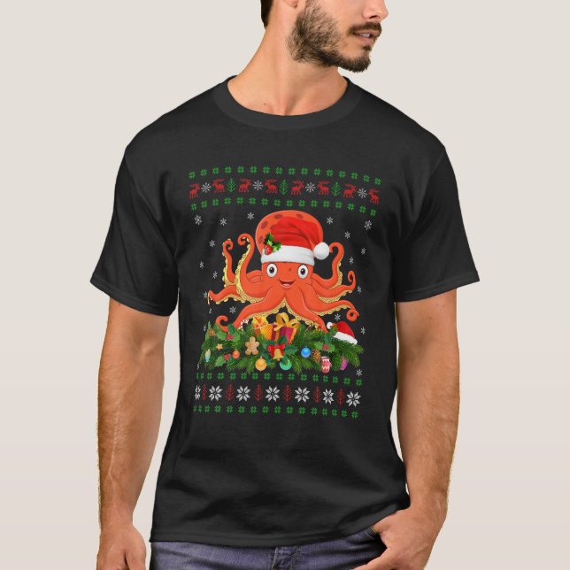 Octopus Animal Lover Xmas Santa Hat Ugly Octopus C T-Shirt (Front)