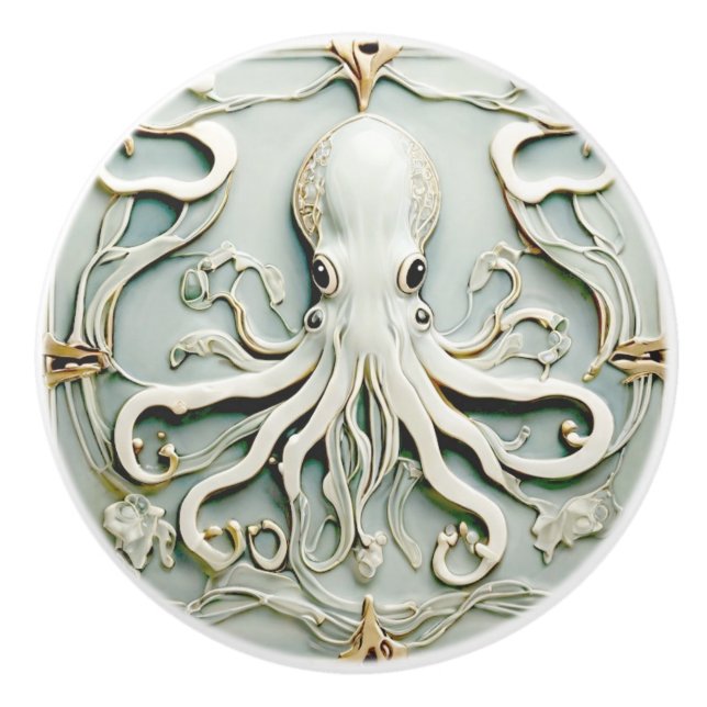 Octopus Art Nouveau Faux Relief Antique Mint Ceramic Knob (Front)