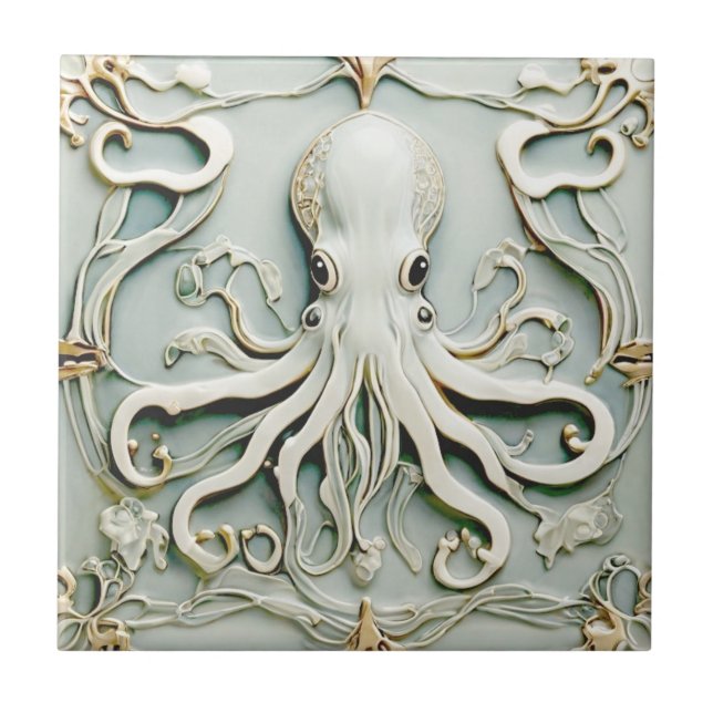 Octopus Art Nouveau Faux Relief Antique Mint Ceramic Tile (Front)