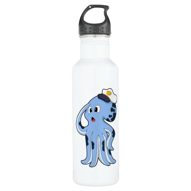 Octopus as Captain with Cap Stainless Steel Water Bottle (Front)