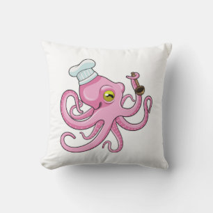 Octopus as Cook with Wooden spoon Throw Pillow