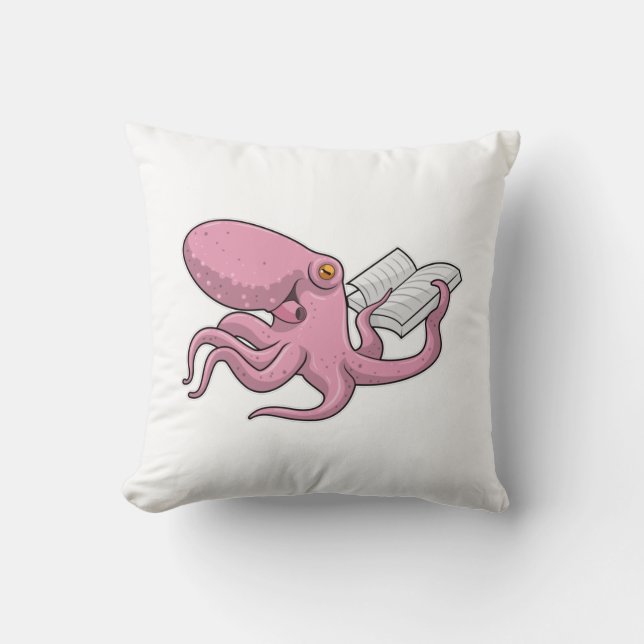 Octopus as Nerd witth Book Throw Pillow (Front)