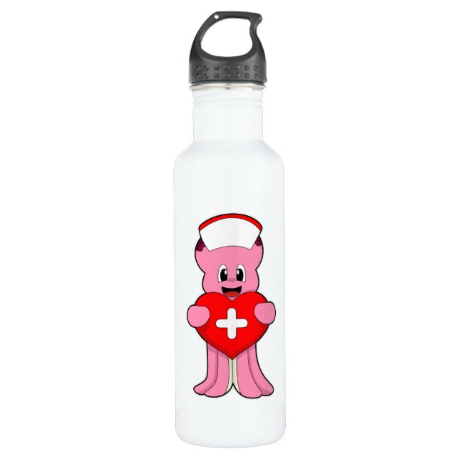 Octopus as Nurse with Heart Stainless Steel Water Bottle (Front)