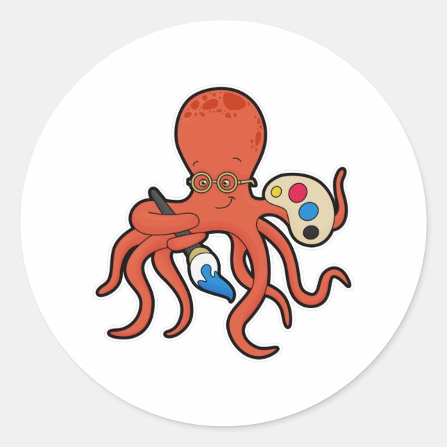 Octopus as Painter with Paint & Brush Classic Round Sticker (Front)