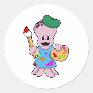 Octopus as Painter with Paint brush Classic Round Sticker