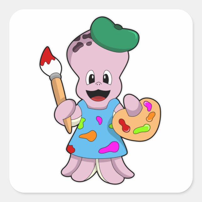 Octopus as Painter with Paint brush Square Sticker (Front)