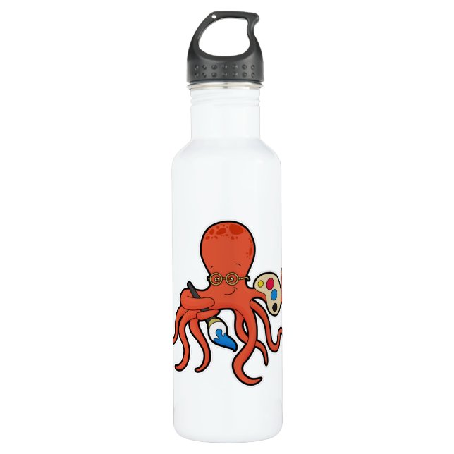 Octopus as Painter with Paint & Brush Stainless Steel Water Bottle (Front)