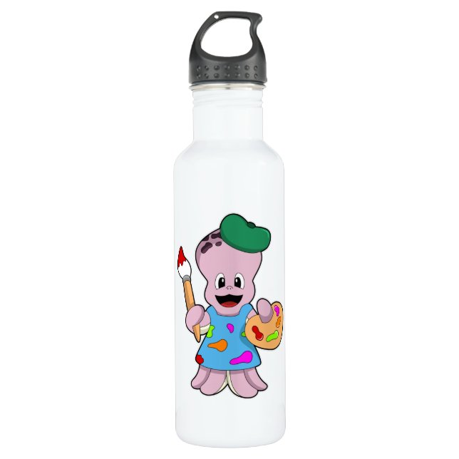 Octopus as Painter with Paint brush Stainless Steel Water Bottle (Front)