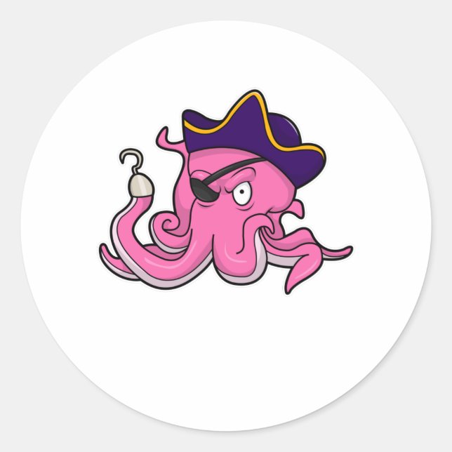 Octopus as Pirate with Hooked hand Classic Round Sticker (Front)