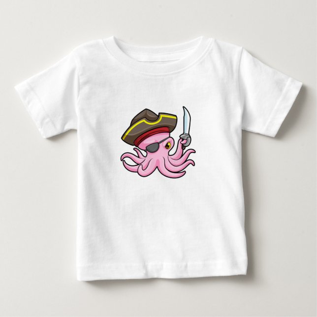 Octopus as Pirate with Saber & Eye patch Baby T-Shirt (Front)