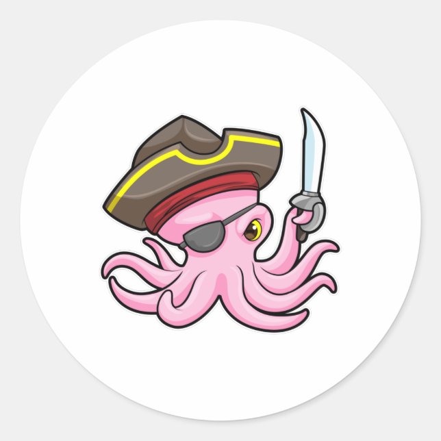 Octopus as Pirate with Saber & Eye patch Classic Round Sticker (Front)