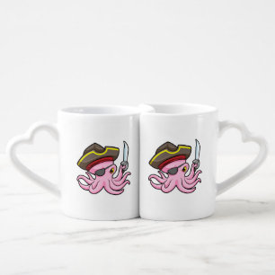 Octopus as Pirate with Saber & Eye patch Coffee Mug Set