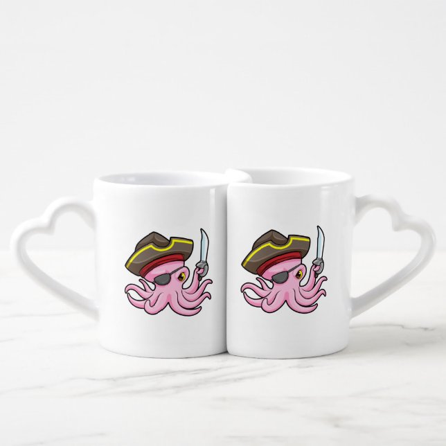 Octopus as Pirate with Saber & Eye patch Coffee Mug Set (Front Nesting)