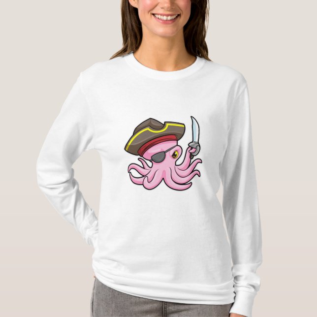 Octopus as Pirate with Saber & Eye patch T-Shirt (Front)