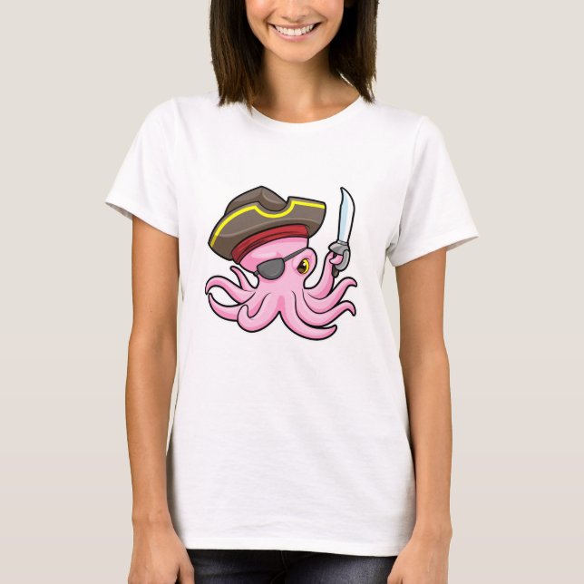 Octopus as Pirate with Saber & Eye patch T-Shirt (Front)