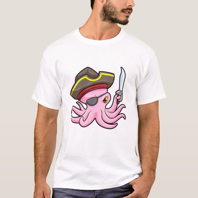 Octopus as Pirate with Saber & Eye patch T-Shirt (Front)
