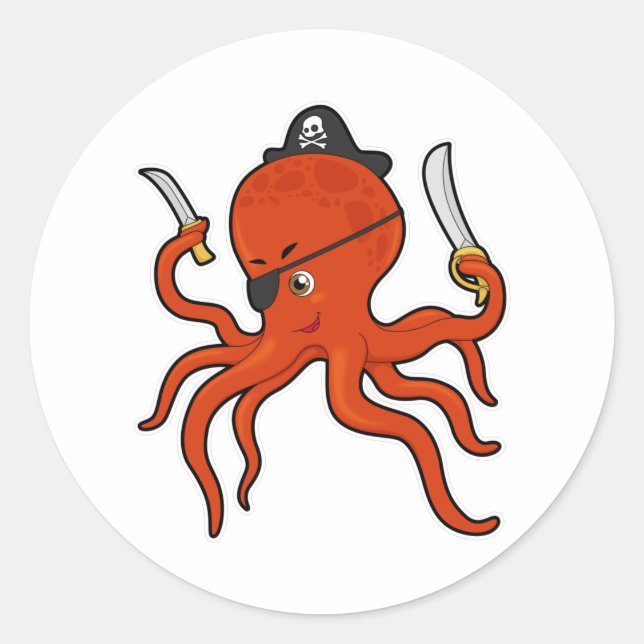 Octopus as Pirate with Sword & Knife Classic Round Sticker (Front)