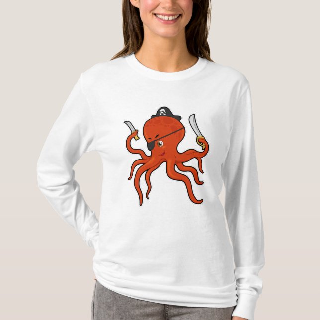 Octopus as Pirate with Sword & Knife T-Shirt (Front)