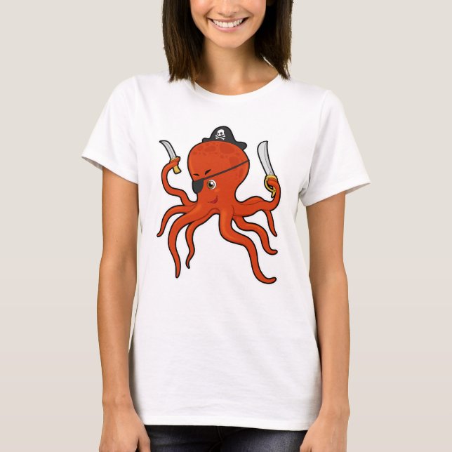 Octopus as Pirate with Sword & Knife T-Shirt (Front)