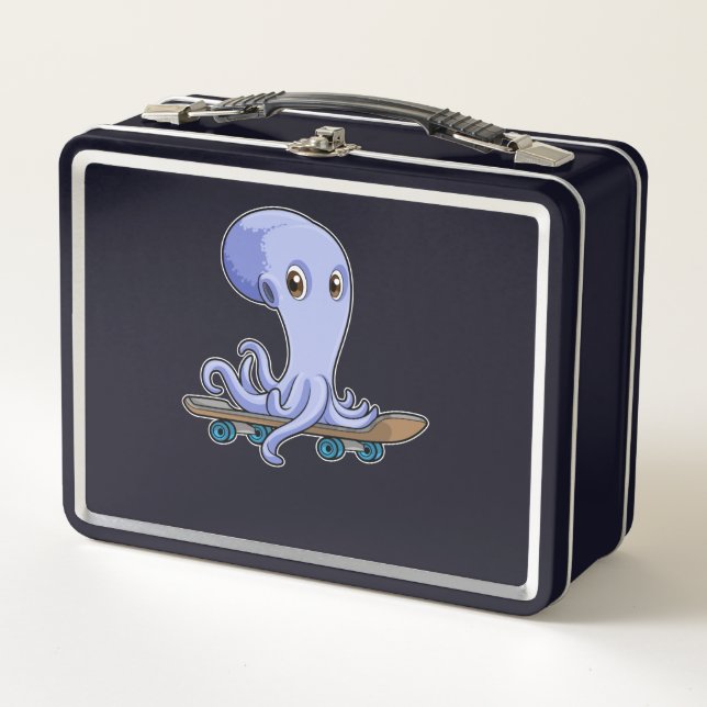 Octopus as Skater with Skateboard Metal Lunch Box (Front)
