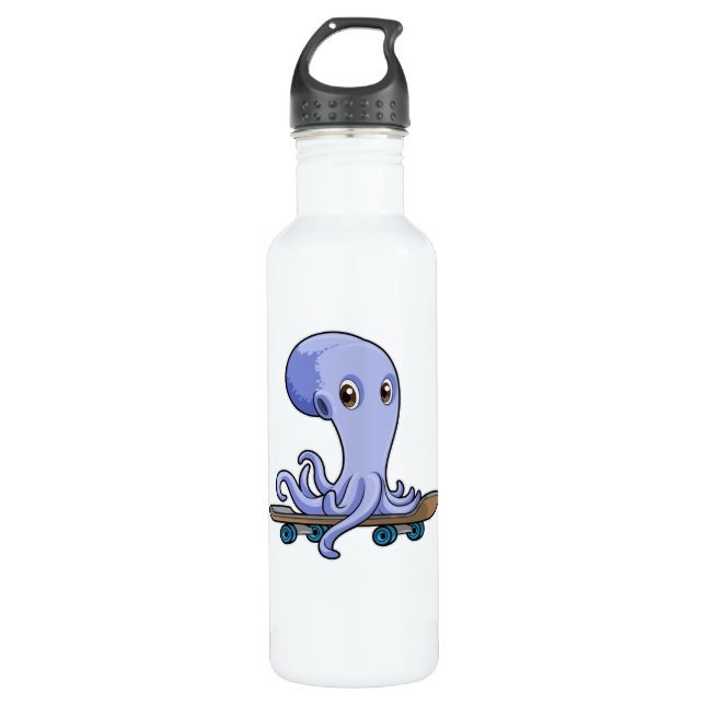 Octopus as Skater with Skateboard Stainless Steel Water Bottle (Front)