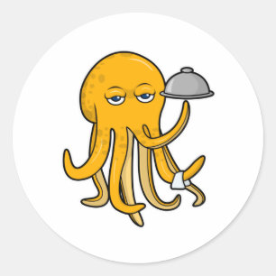 Octopus as Waiter with Serving towel Classic Round Sticker