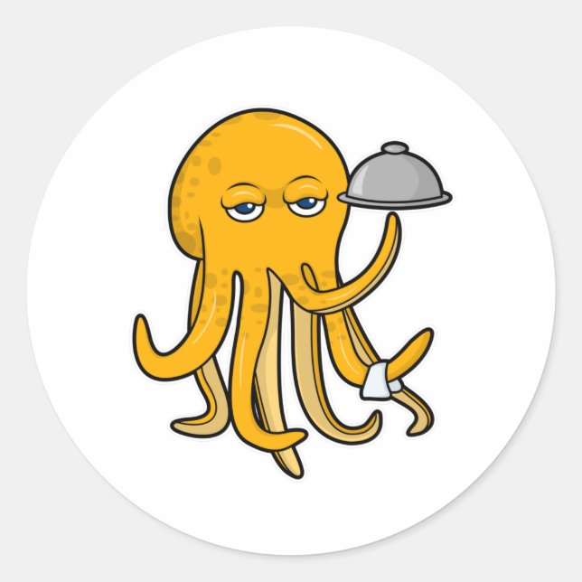 Octopus as Waiter with Serving towel Classic Round Sticker (Front)