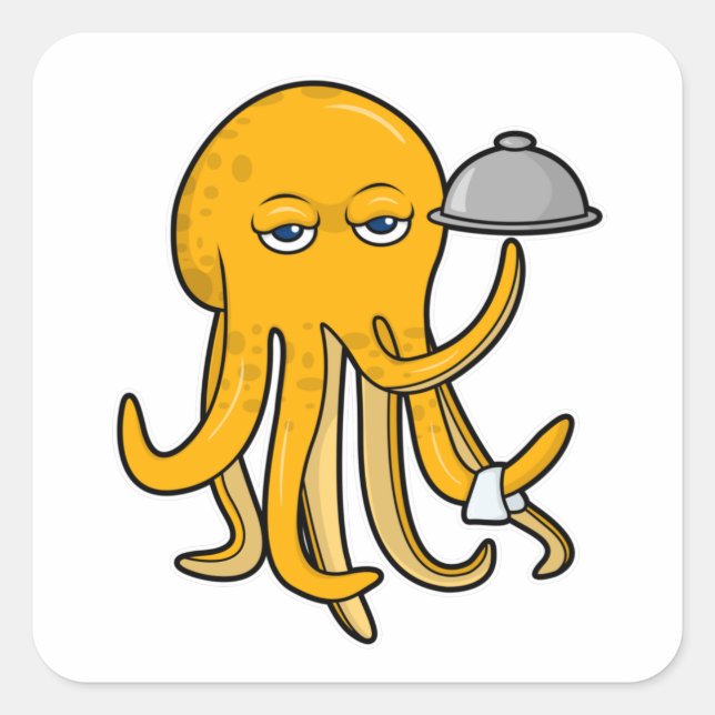 Octopus as Waiter with Serving towel Square Sticker (Front)