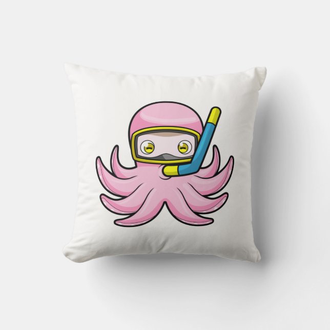 Octopus at Diving with Snorkel & Swimming goggles Throw Pillow (Front)