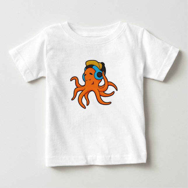 Octopus at Music with Headphone Baby T-Shirt (Front)