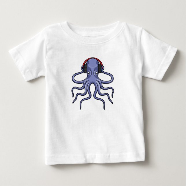 Octopus at Music with Headphone Baby T-Shirt (Front)