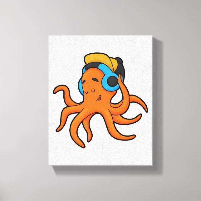 Octopus at Music with Headphone Canvas Print (Front)