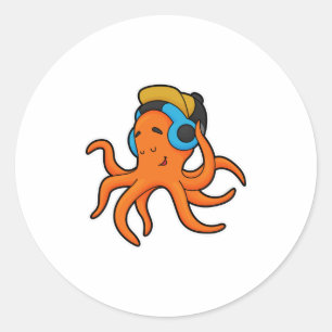Octopus at Music with Headphone Classic Round Sticker